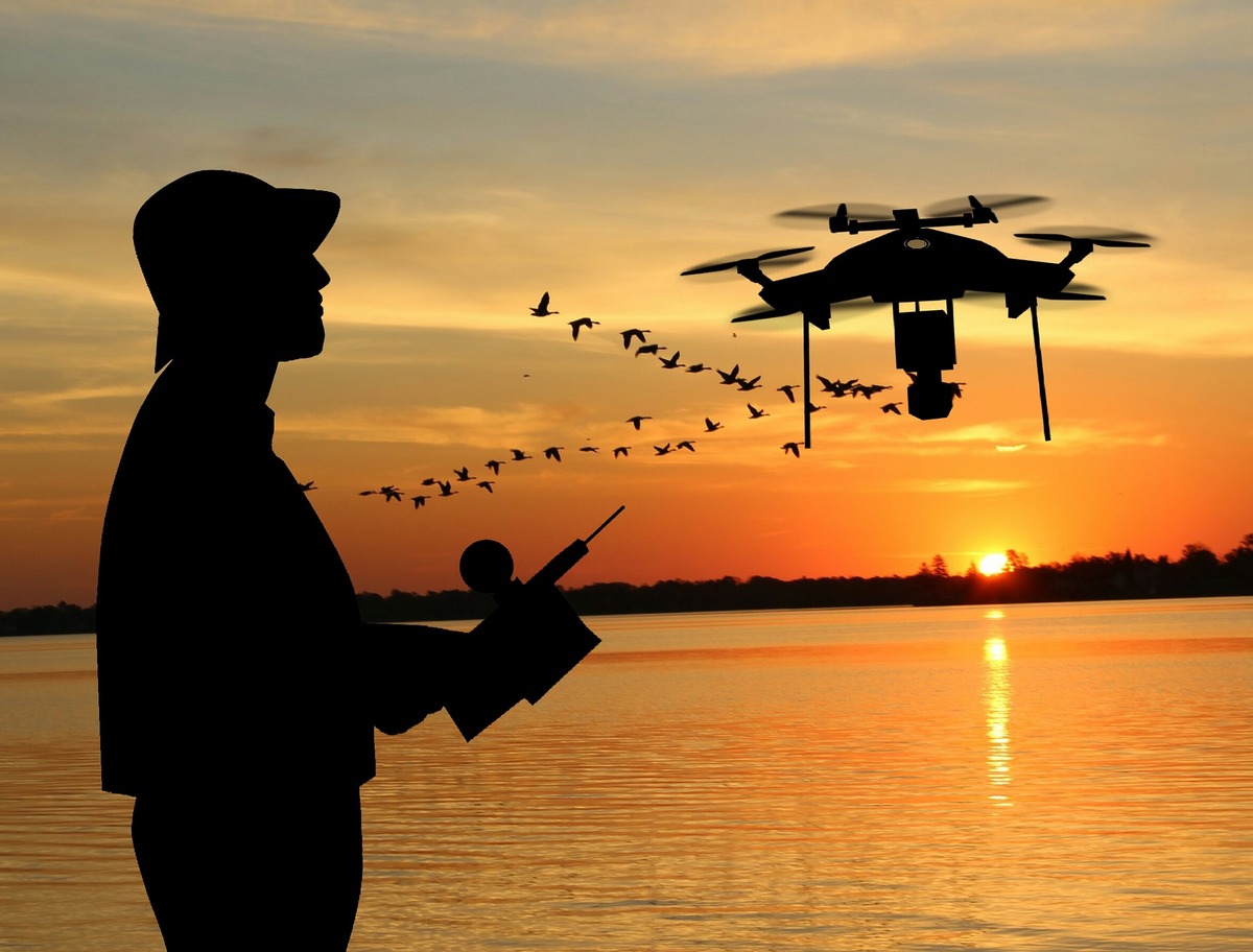 drone flying through evening sky